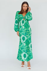 Yessica Balloon Sleeve Midi Dress Floral Green