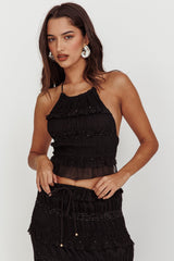 Helios Halterneck Shirred Sequin Top Black