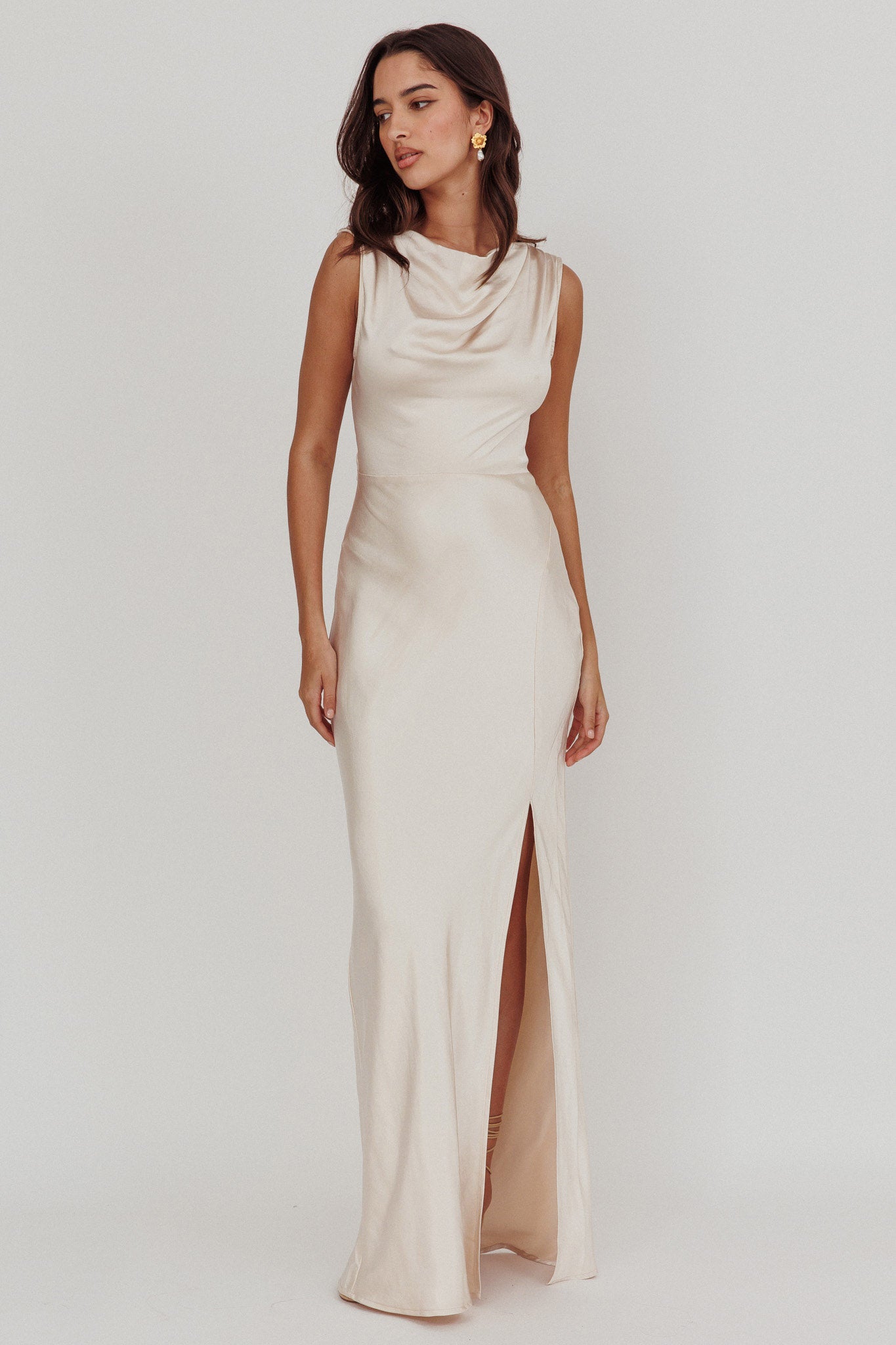 Jinora Cowl Neck Leg Slit Satin Maxi Dress