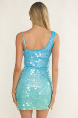 Nights In Portofino Asymmetric Shoulder Sequin Mini Dress Blue Multi