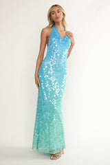 Kirralee Asymmetric Halterneck Sequin Maxi Dress Blue Multi