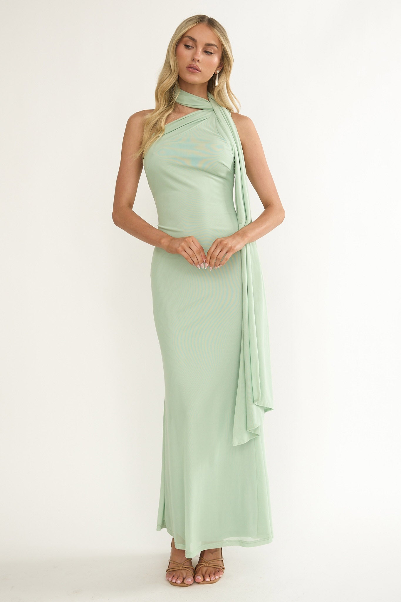 Ilyse Neck Scarf One-Shoulder Maxi Dress Mint