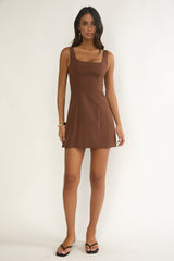Saryna Square Neckline Mini Dress Coffee