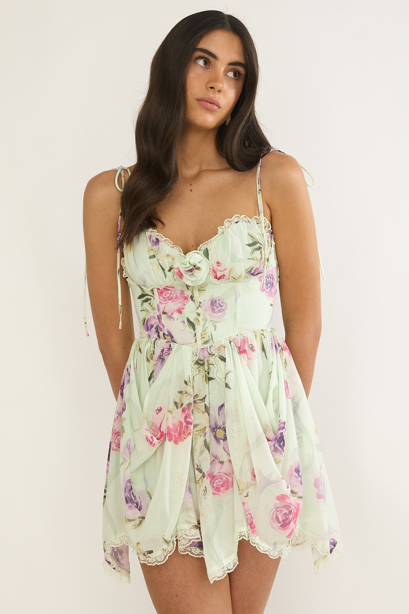 Gisora Tied Back Lace Trim Romper Floral Mint