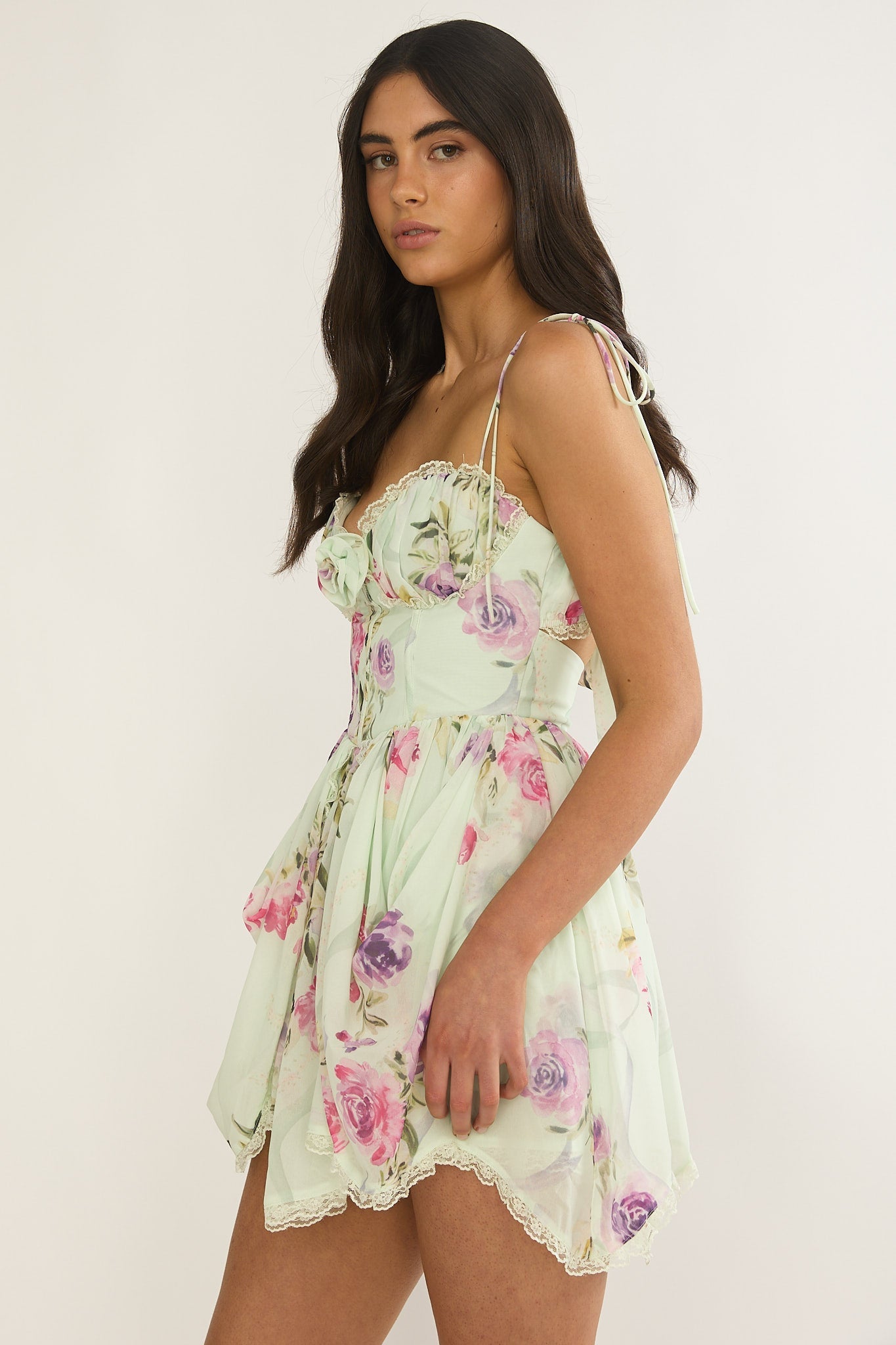 Gisora Tied Back Lace Trim Romper Floral Mint
