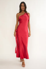 Star Fall One-Shoulder Rosette Maxi Dress Red