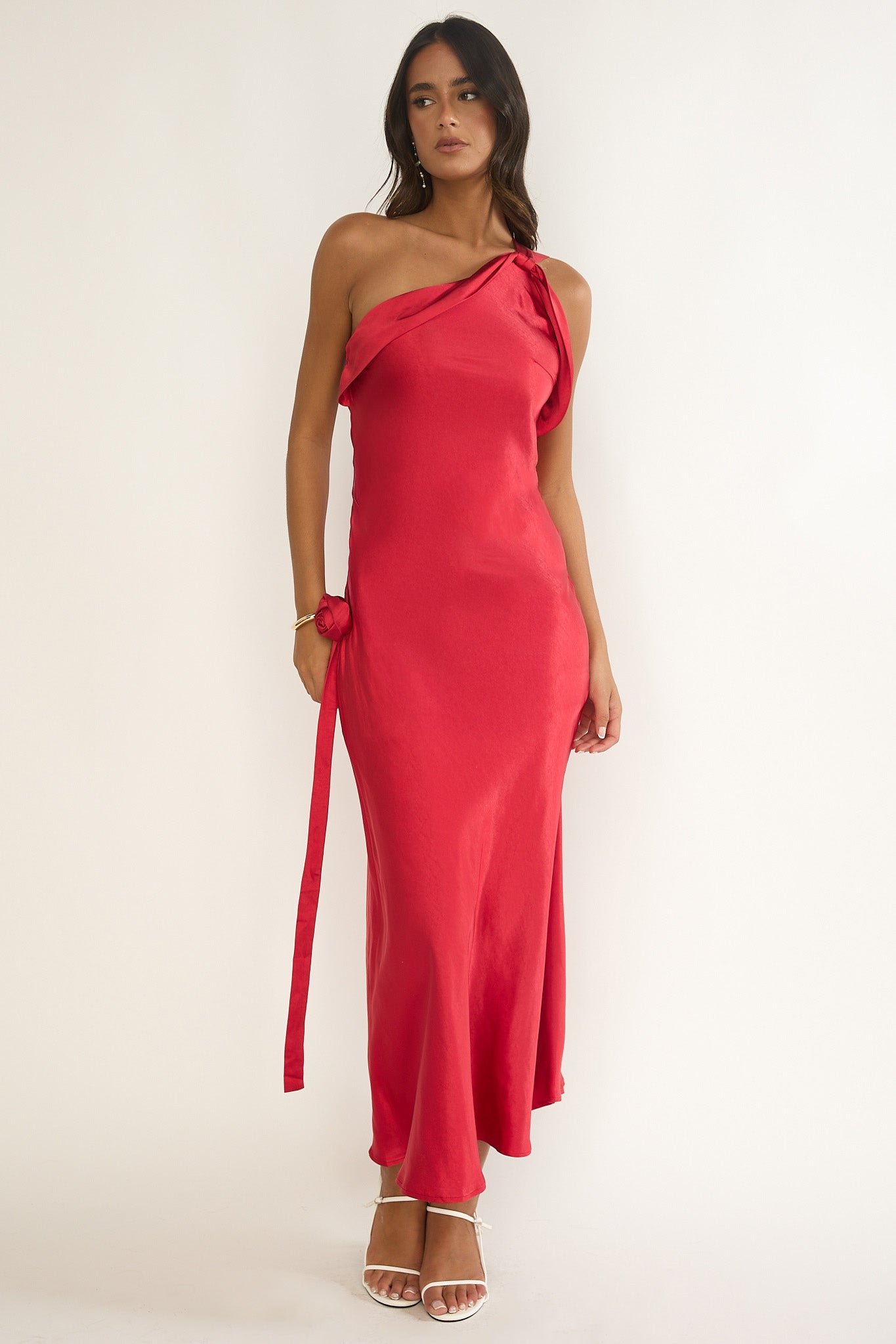 Star Fall One-Shoulder Rosette Maxi Dress Red