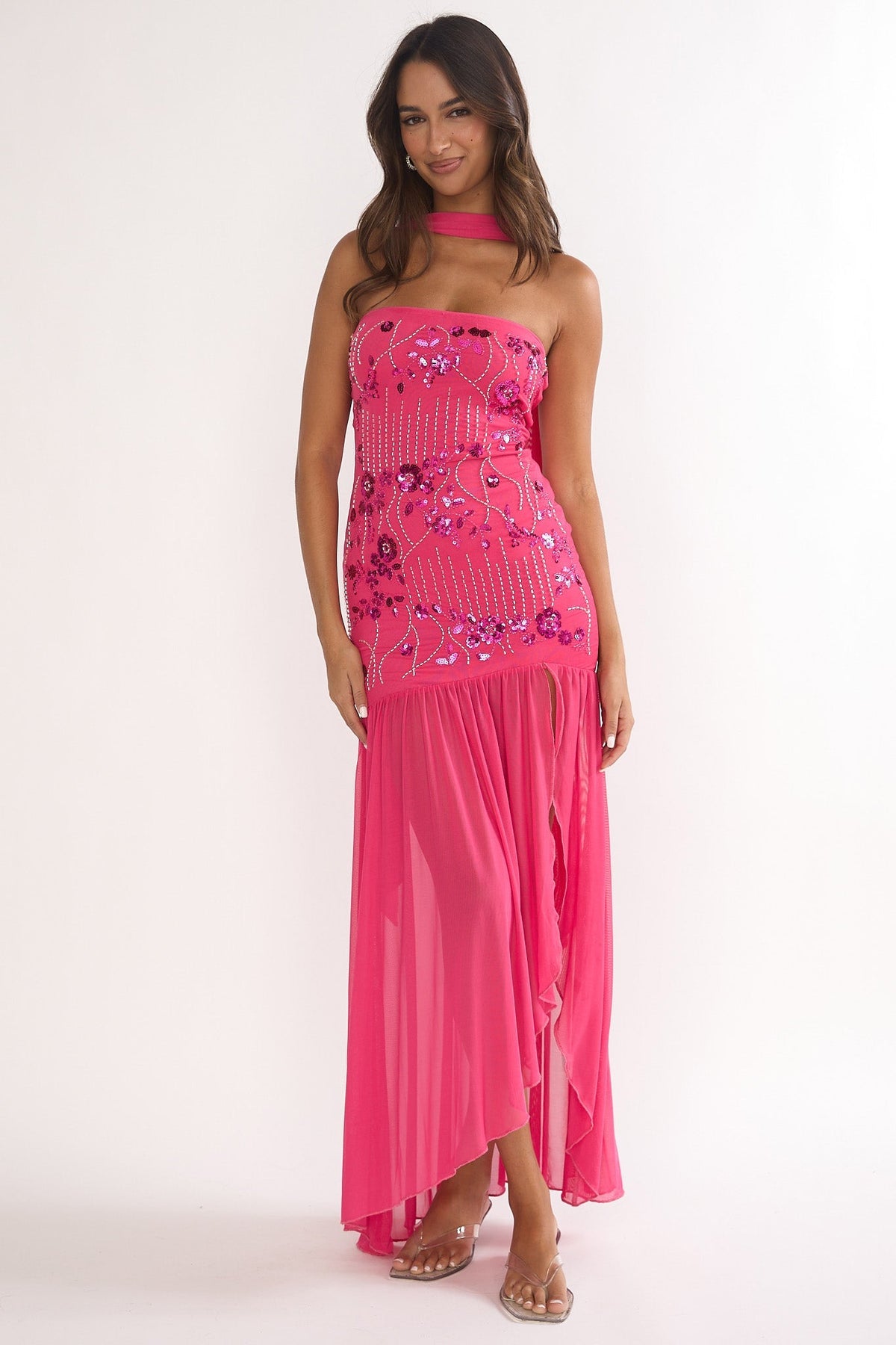 Jezra Strapless Sequin Embellished Maxi Dress Plum