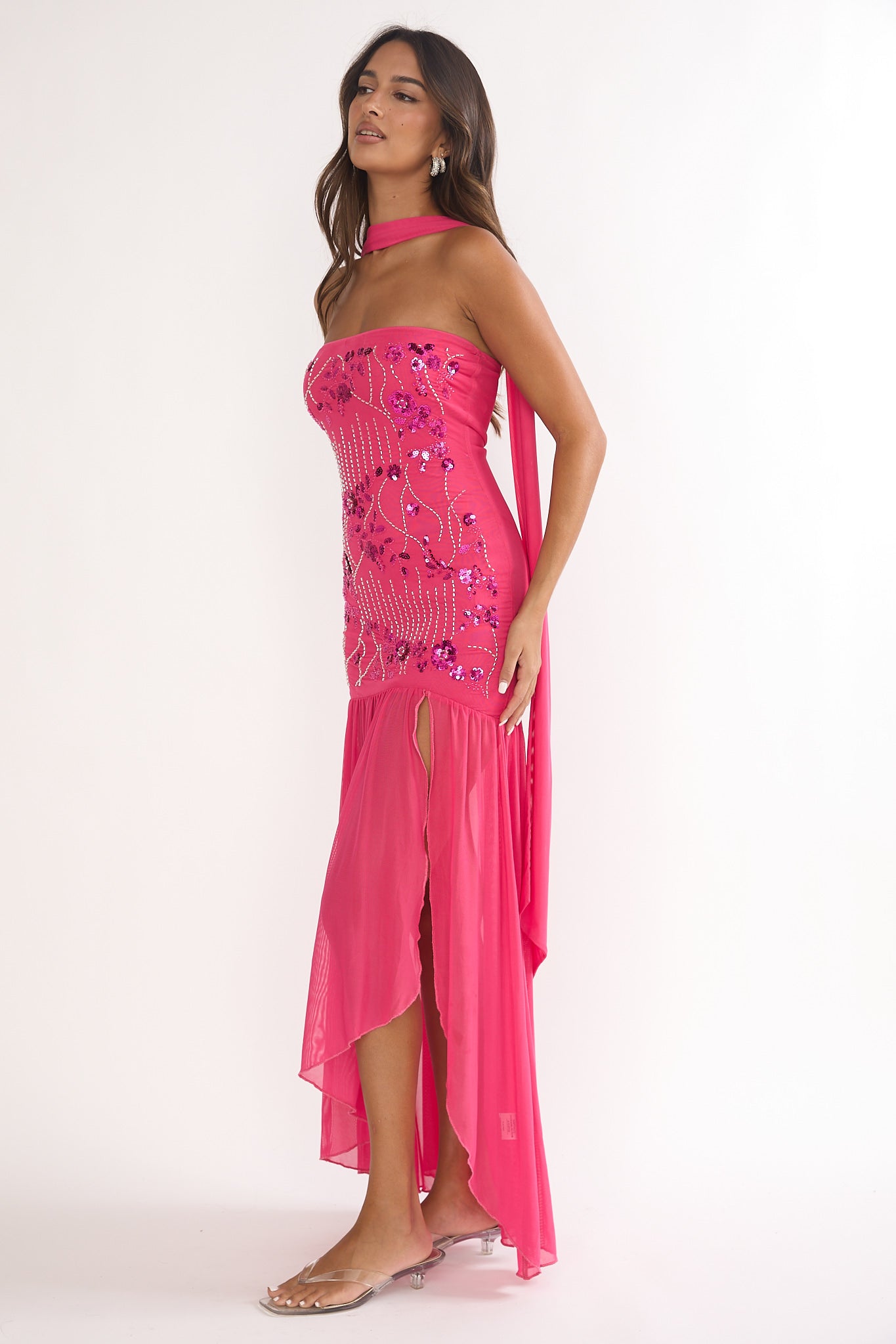 Jezra Strapless Sequin Embellished Maxi Dress Plum
