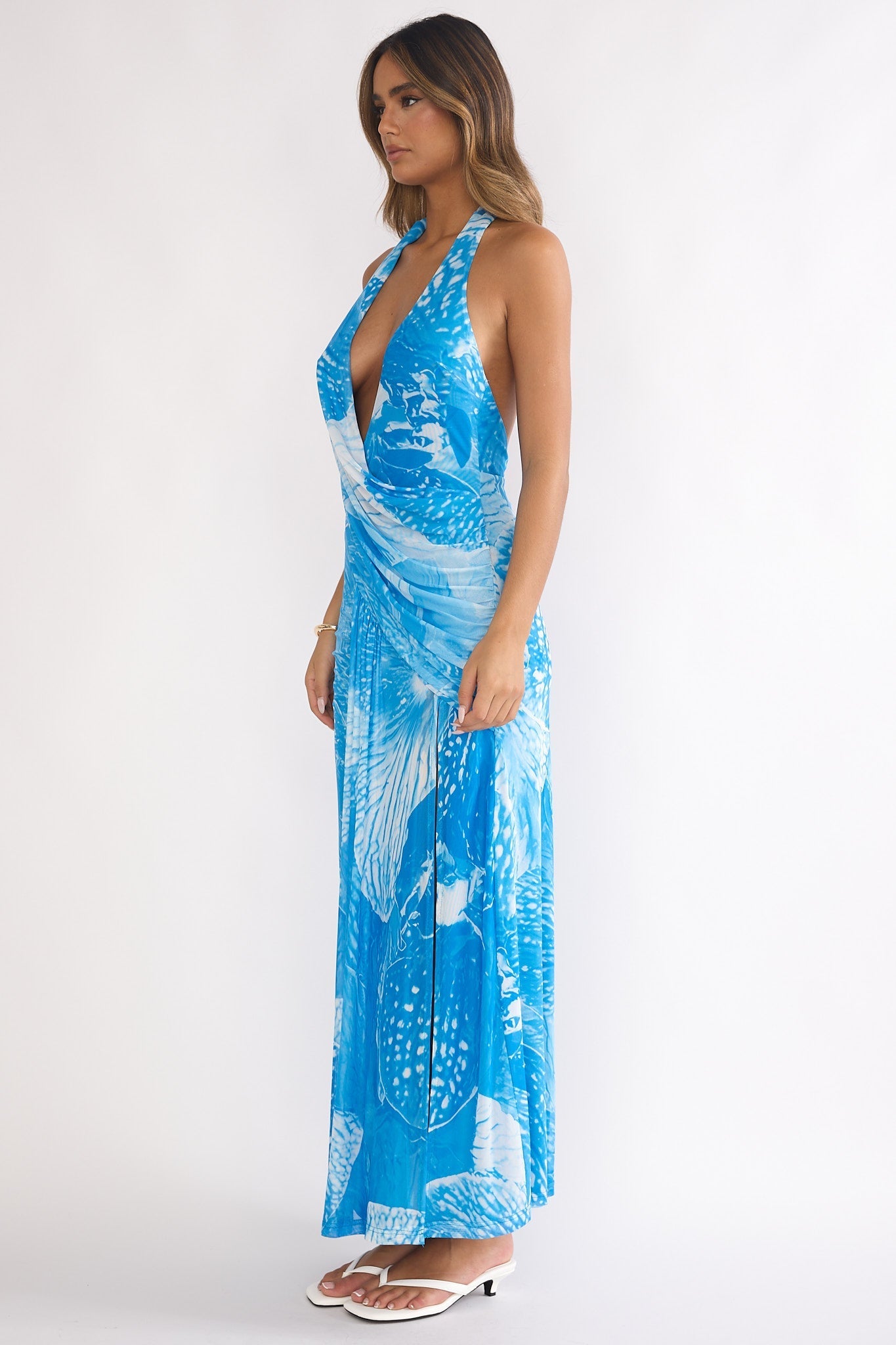 Palomino Plunging Halter Maxi Dress Print Blue