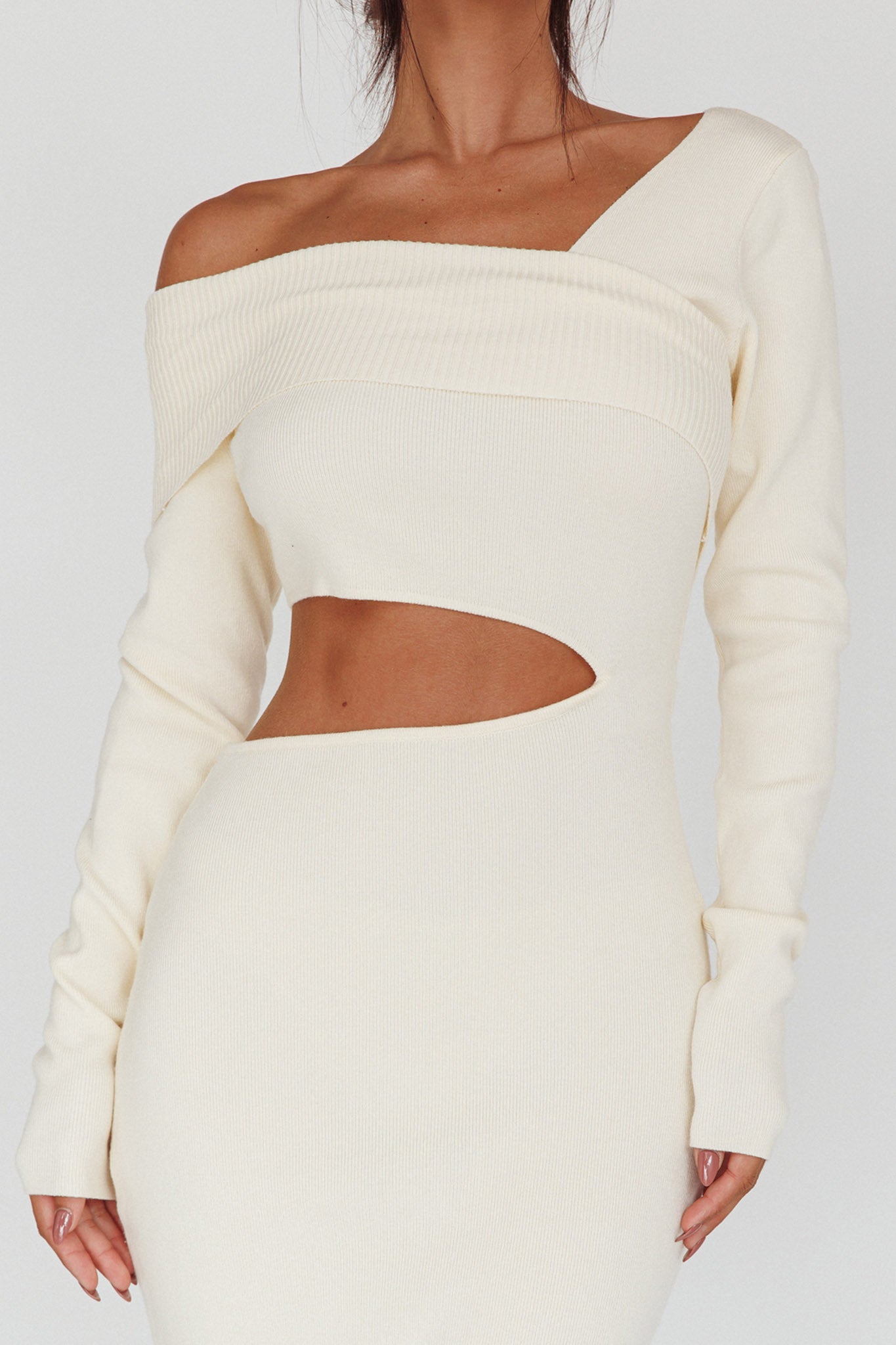 Tamar Long Sleeve One-Shoulder Midi Dress Cream