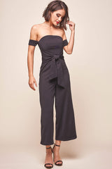 Joan Off Shoulder Waist Tie Wide Leg Jumpsuit Black