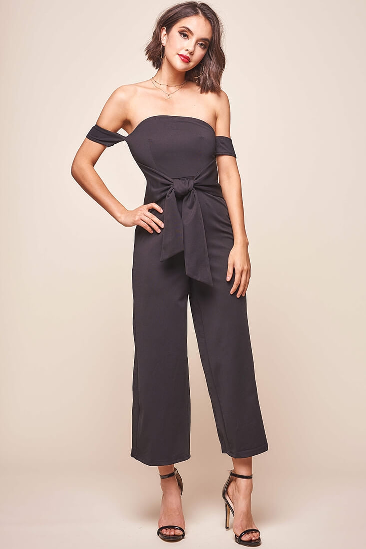 Joan Off Shoulder Waist Tie Wide Leg Jumpsuit Black