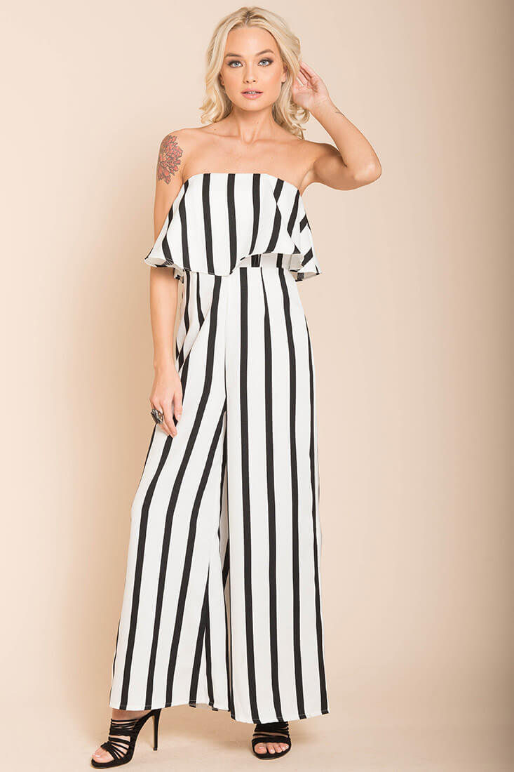 Posh Pin Stripe Ruffle Jumpsuit White