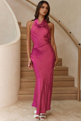 India Cowl Halterneck Satin Maxi Dress Fuchsia