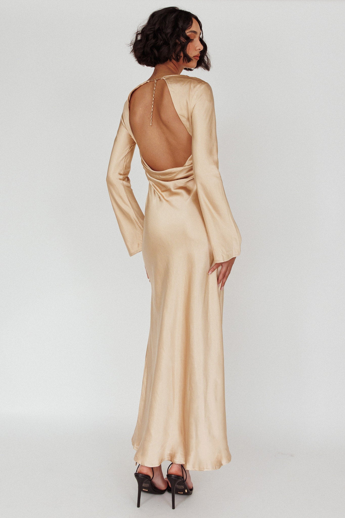 Lavera Open Back Long Sleeve Dress Beige