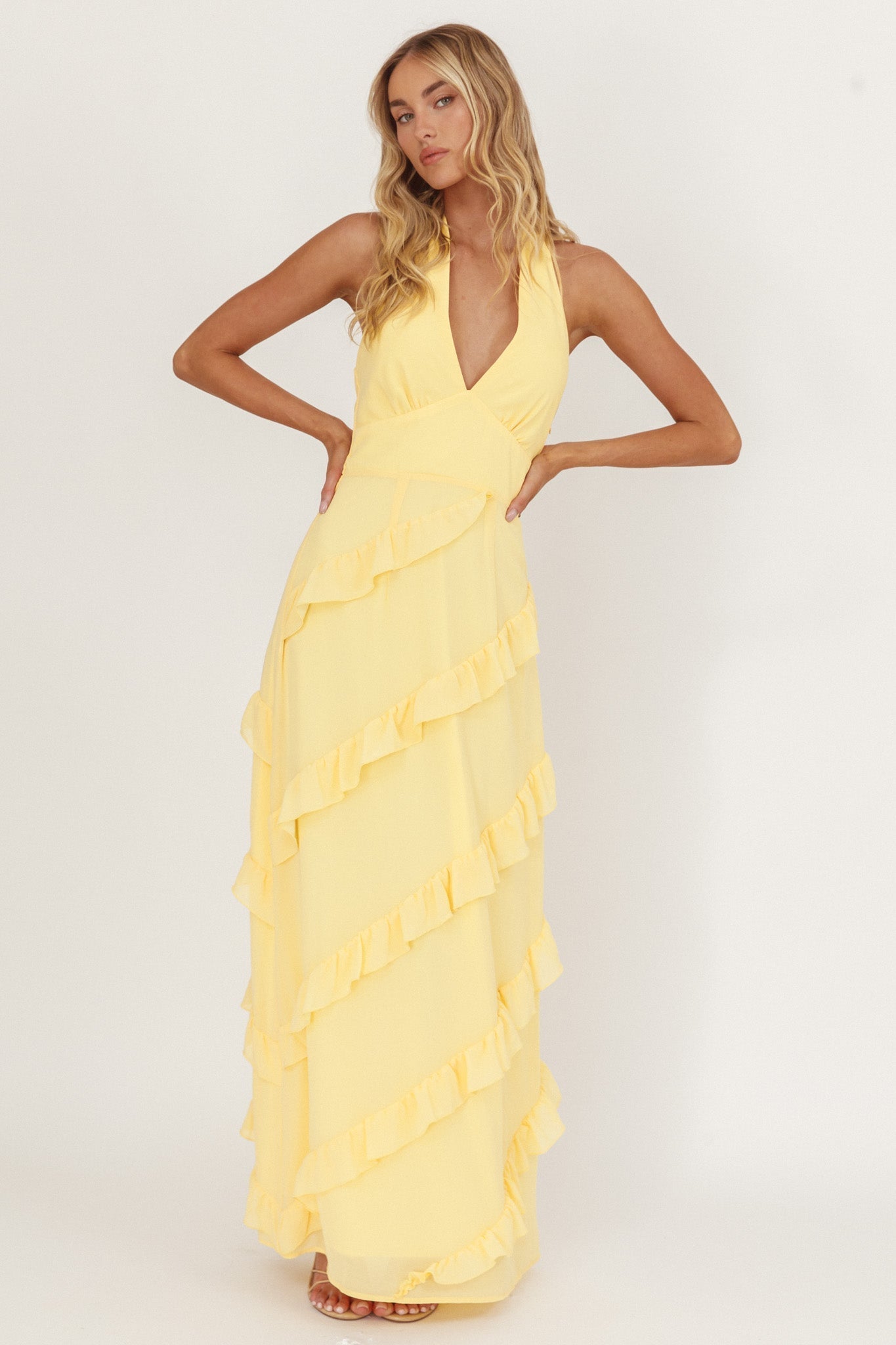 Flirt Frill Trim Halter Maxi Dress Lemon