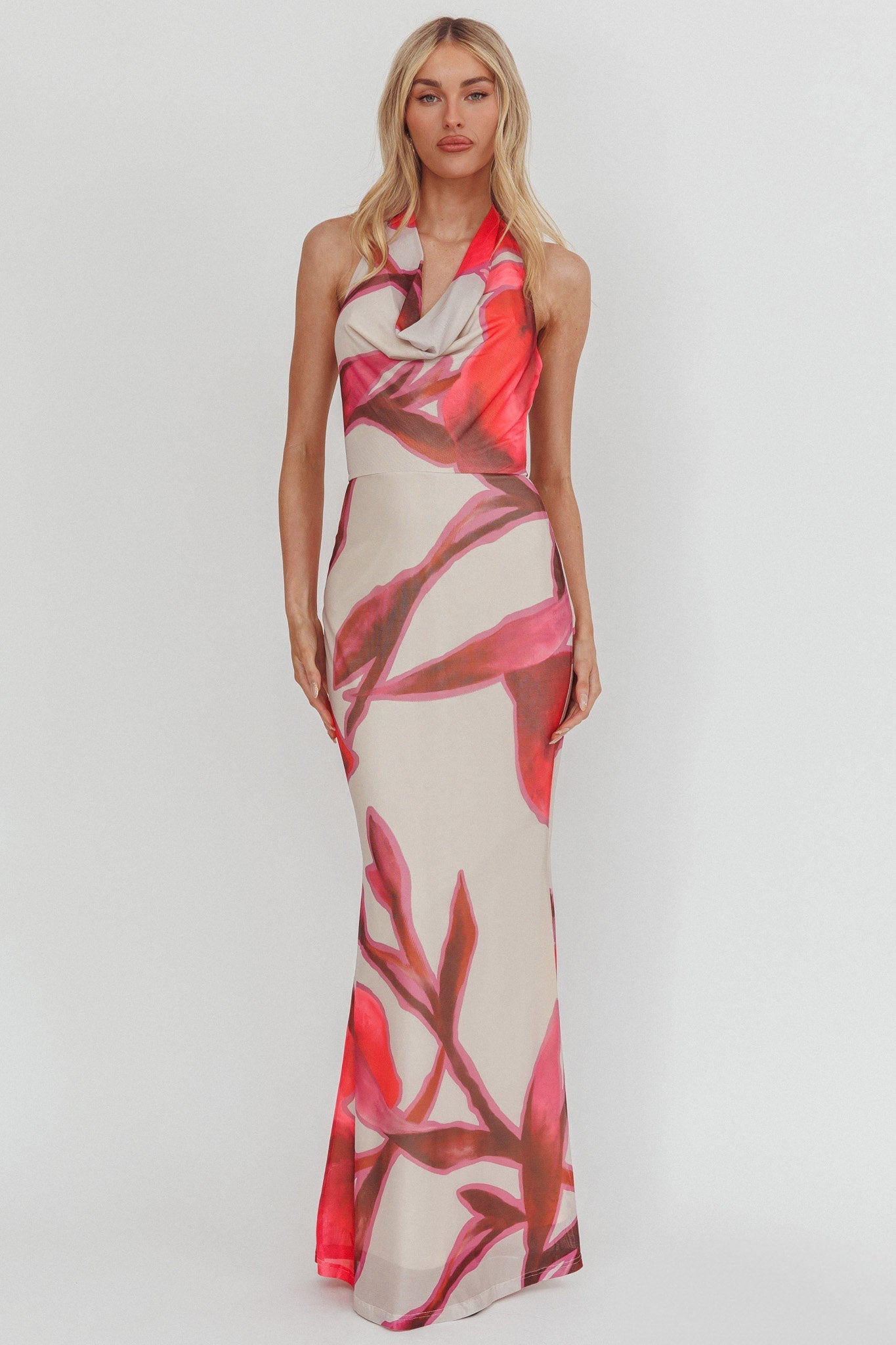 Outlier Cowl Halterneck Maxi Dress Print Beige