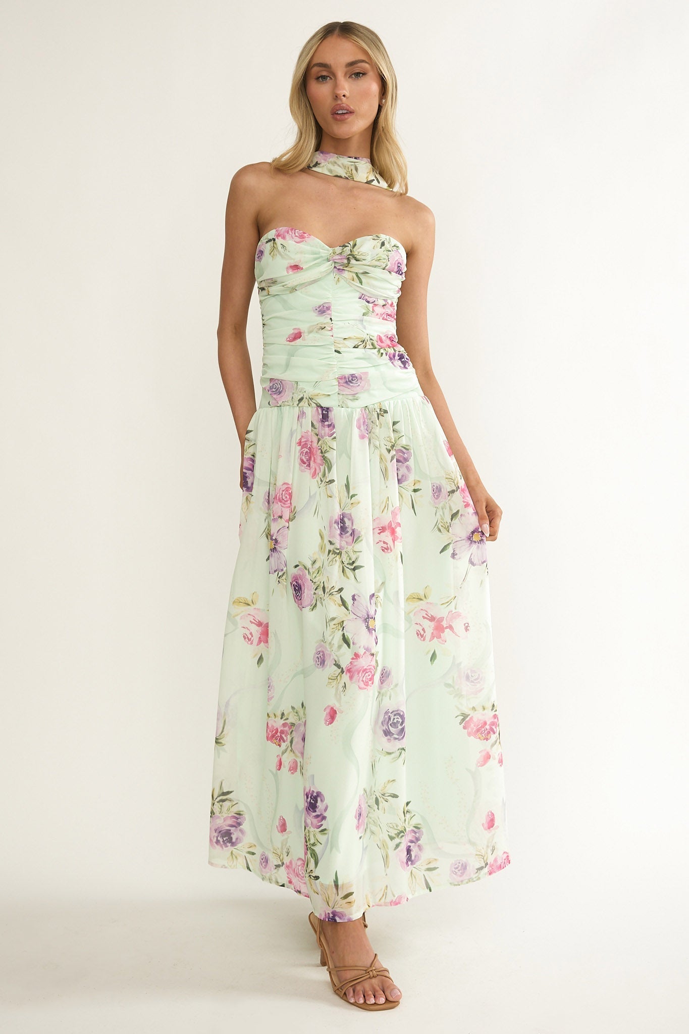 Novarra Twist Bust Strapless Maxi Dress Floral Mint