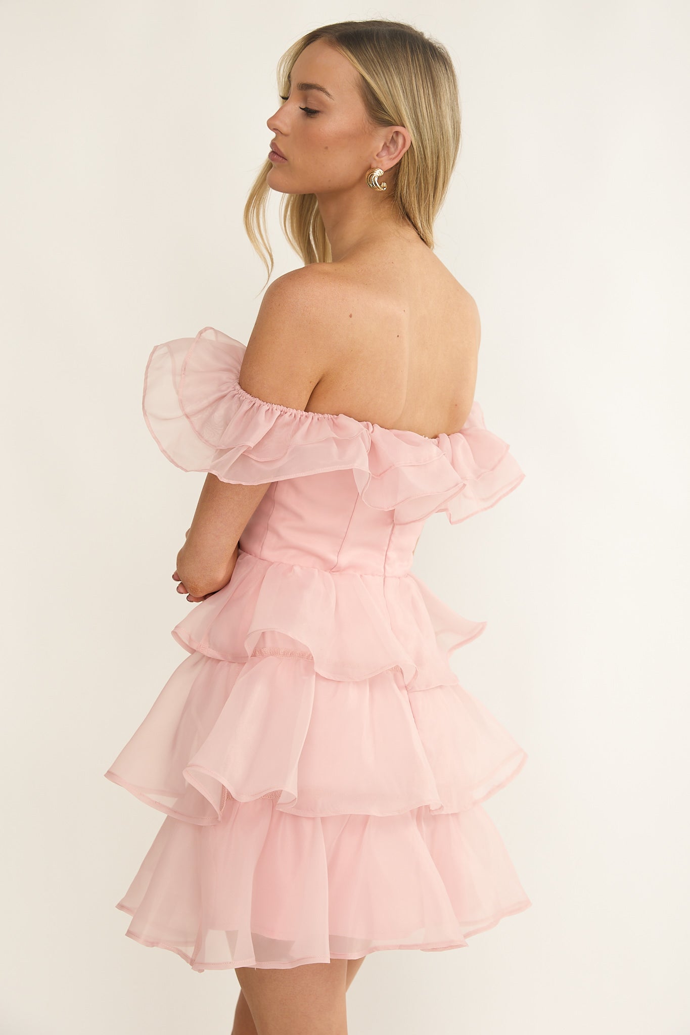 Rosira Off-Shoulder Ruffle Mini Dress Pink
