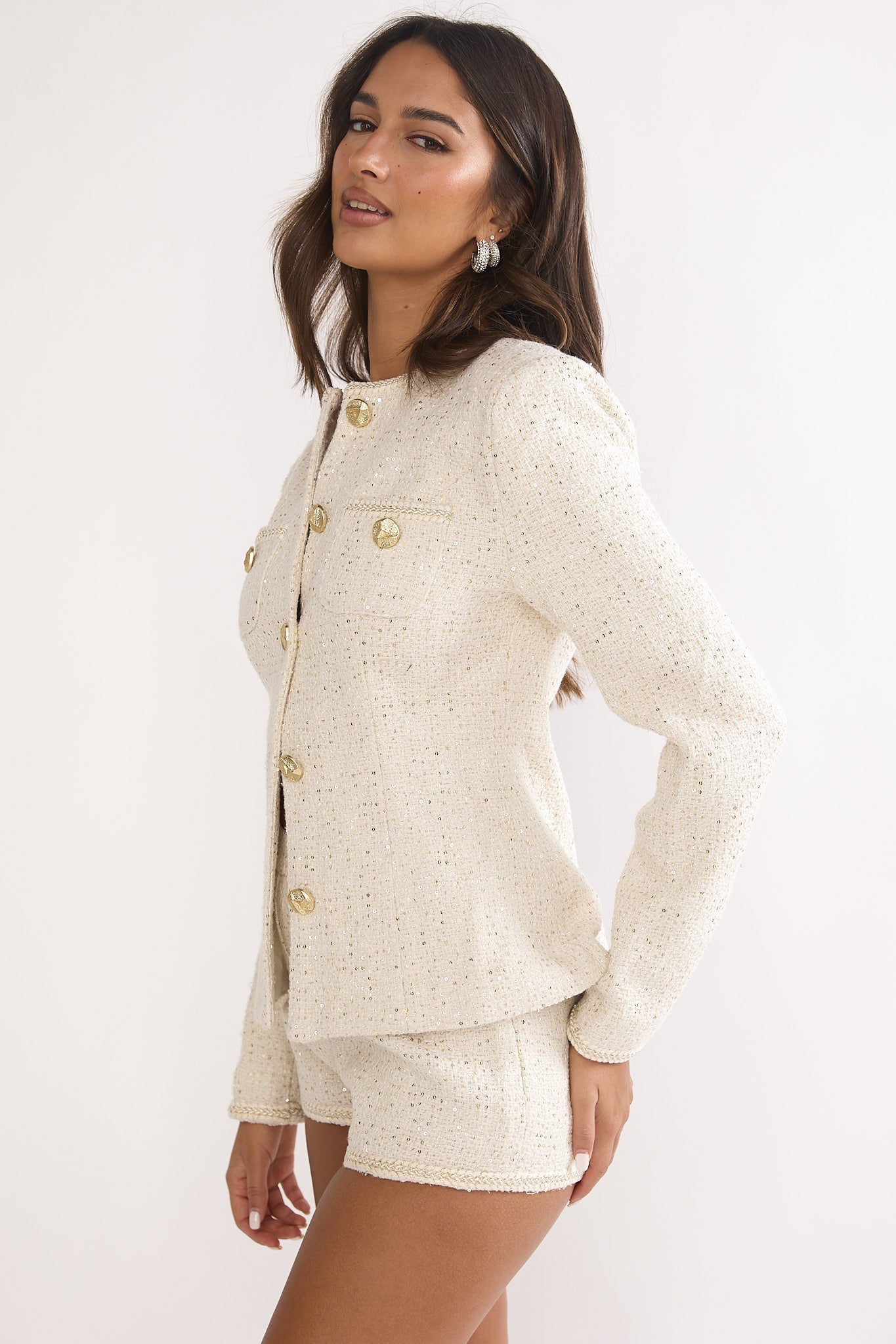 Kyomi Gold Button Tweed Jacket Whitegold