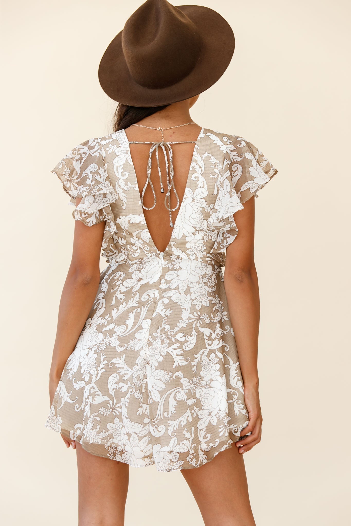 Say That Again Ruffle Shoulder Dress Ornate Floral Print Beige