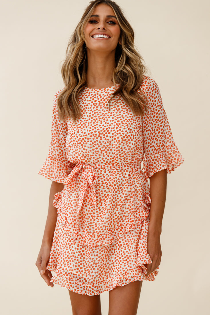 Wife Me Crew Neck Ruffle Insert Dress Polka Dot Orange