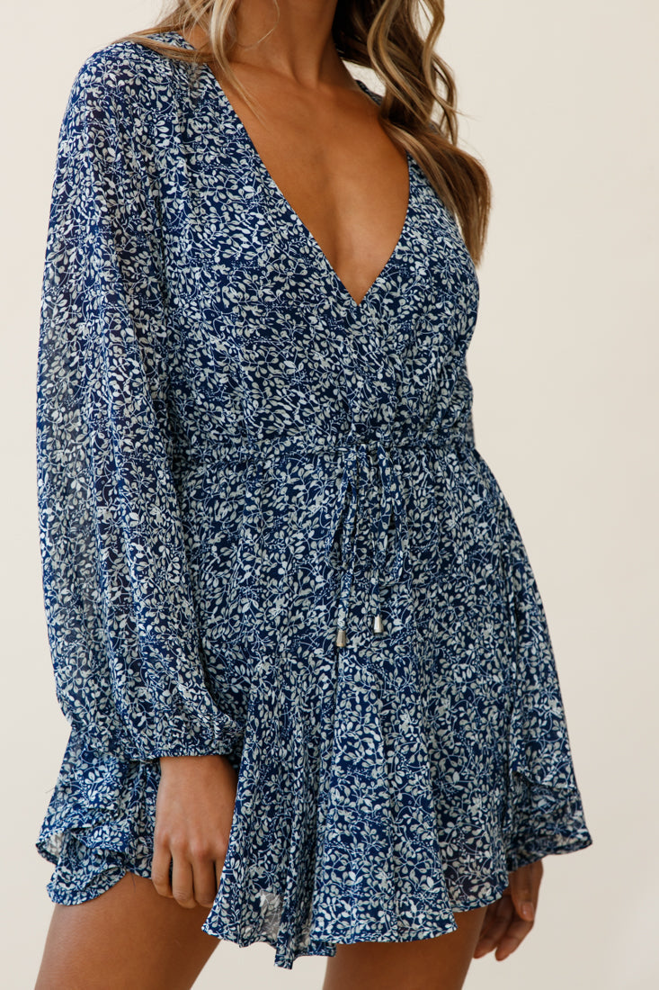 Marlene Long Sleeve Drawstring Waist Dress Floral Print Navy
