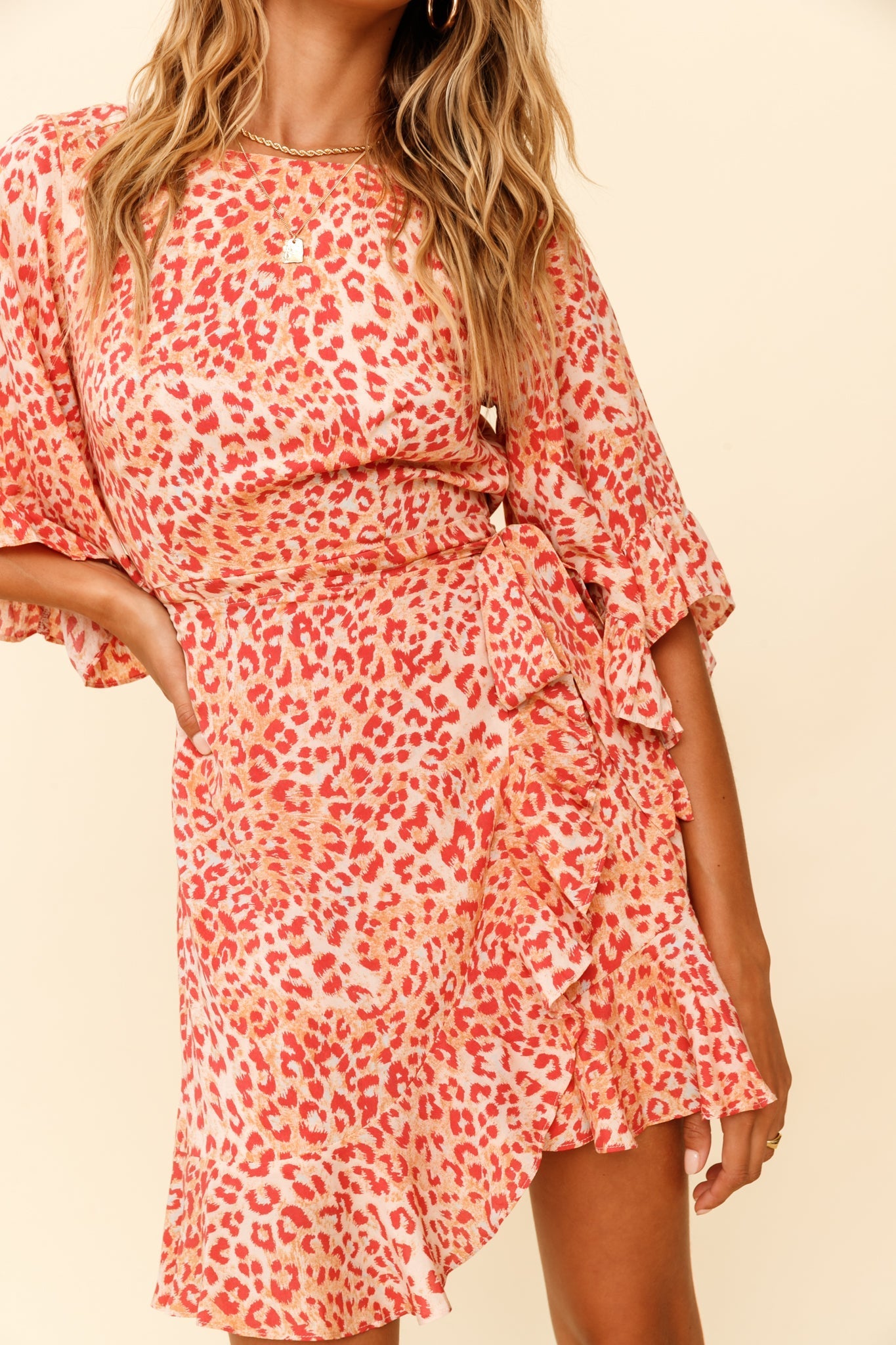 Make It Happen Flared Sleeve Ruffle Trim Dress Leopard Print Orange