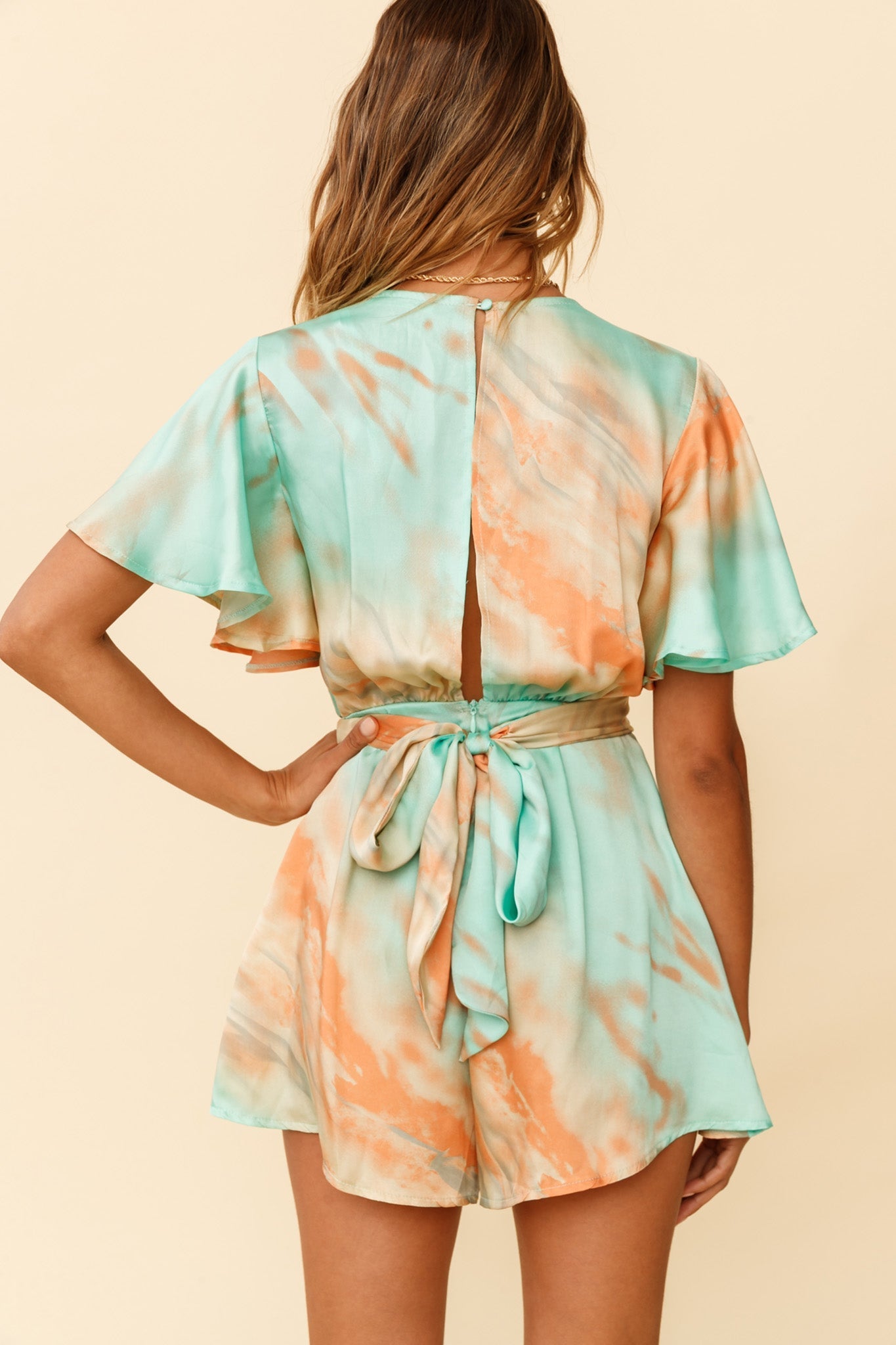 Unconditional Plunging Wrap Style Romper Marbled Tie Dye Aqua/Orange