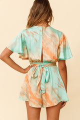 Unconditional Plunging Wrap Style Romper Marbled Tie Dye Aqua/Orange