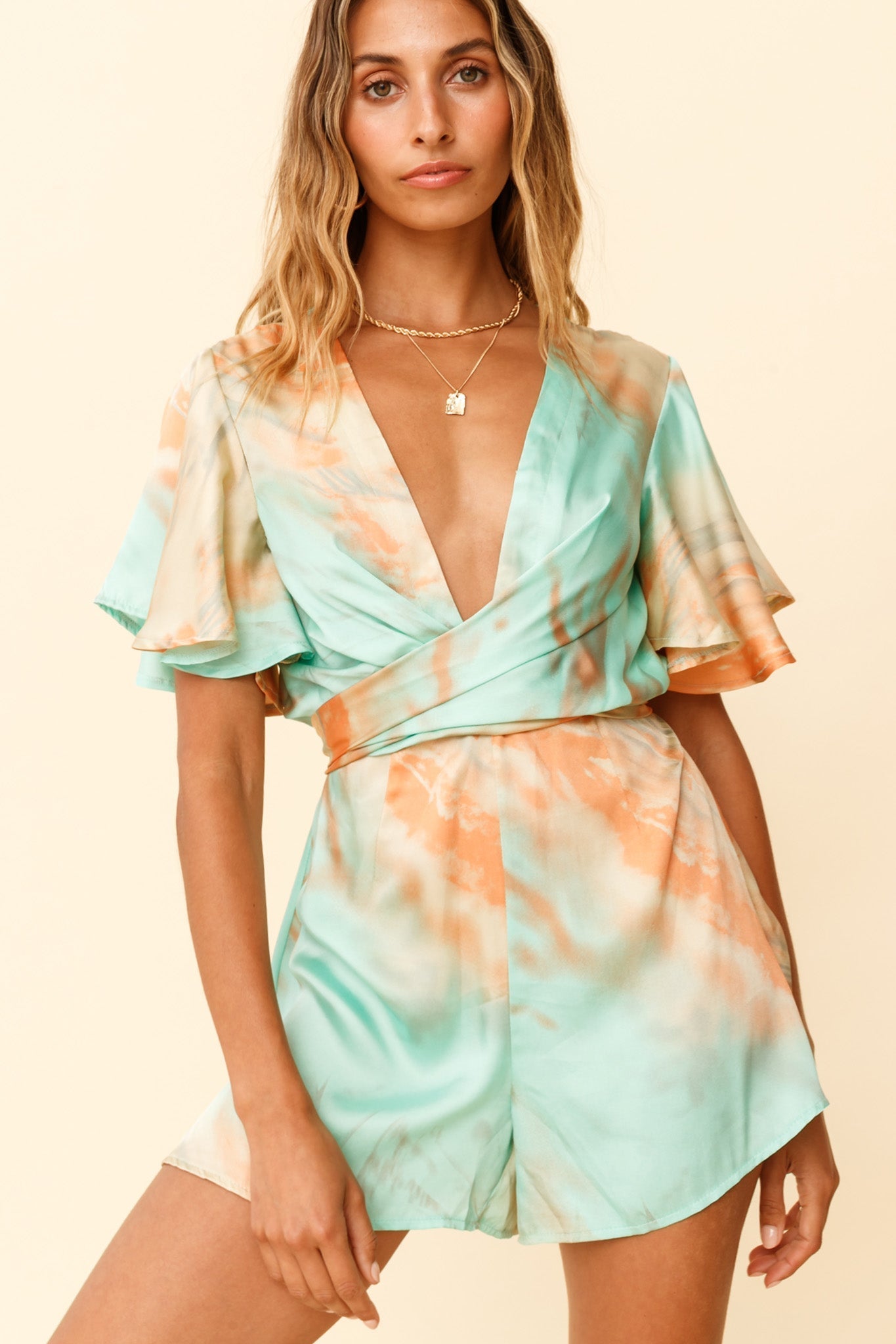 Unconditional Plunging Wrap Style Romper Marbled Tie Dye Aqua/Orange