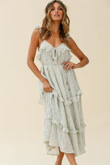 Priscilla Tied Bust Frill Detail Maxi Dress Floral Print Olive