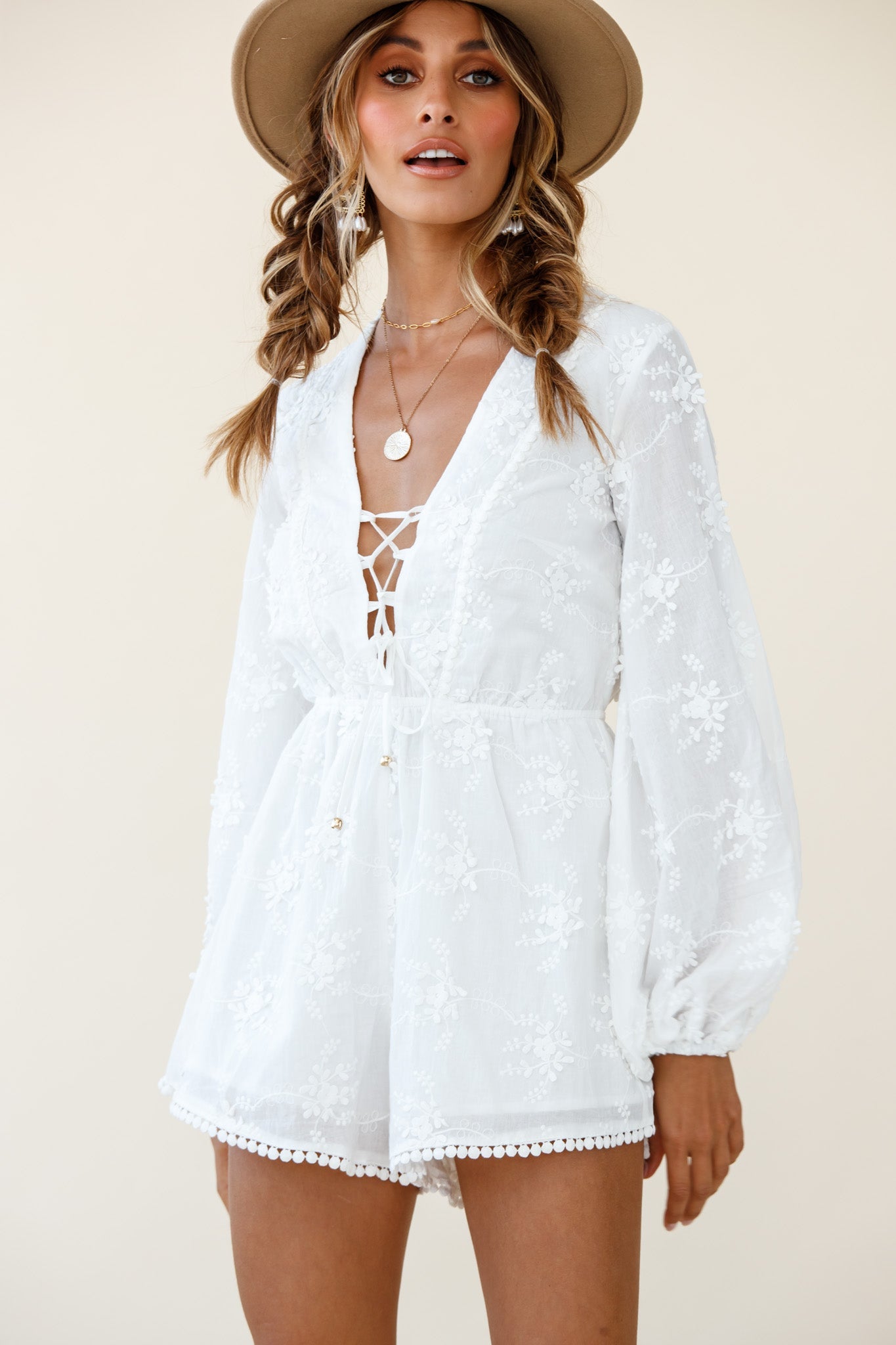 Esperanza Long Balloon Sleeve Floral Embroidery Romper White