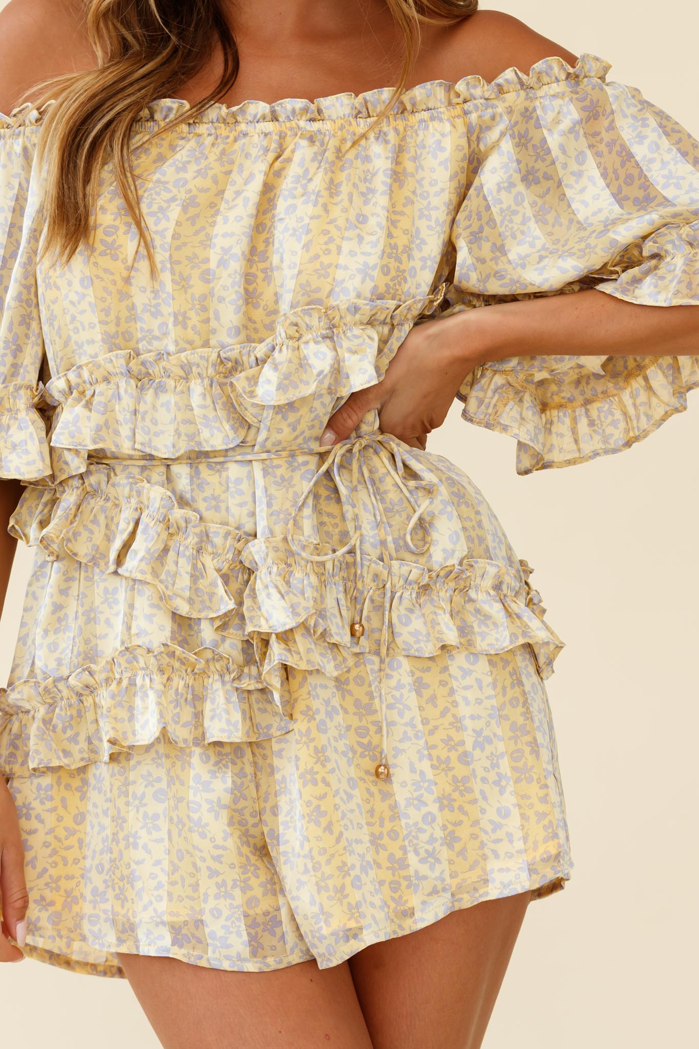 Astoria Bardot Neckline Frill Romper Floral & Stripe Print Yellow
