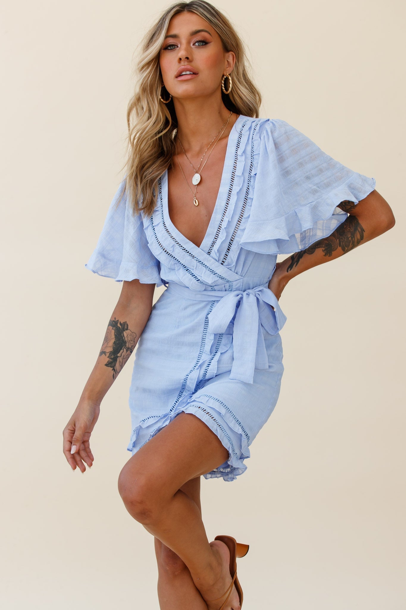 Hastings Angel Sleeve Faux Wrap Dress Steel Blue