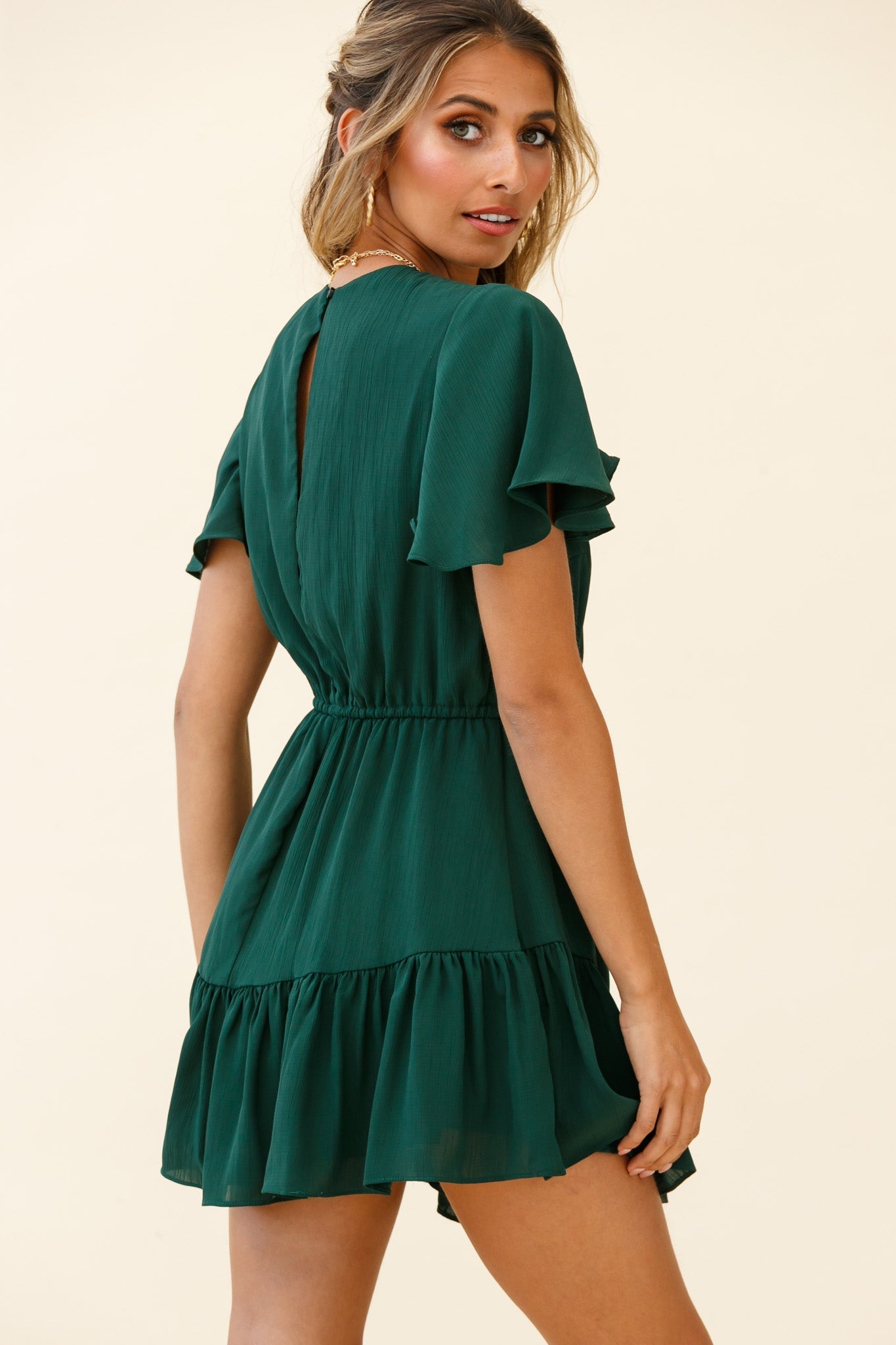 Forever Free Angel Sleeve Drawstring Waist Dress Forest Green