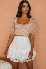 Petite Cherie Puff Sleeve Lace-Up Back Crop Top Floral Embroidered Mocha