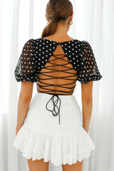 Petite Cherie Puff Sleeve Lace-Up Back Crop Top Floral Embroidered Black