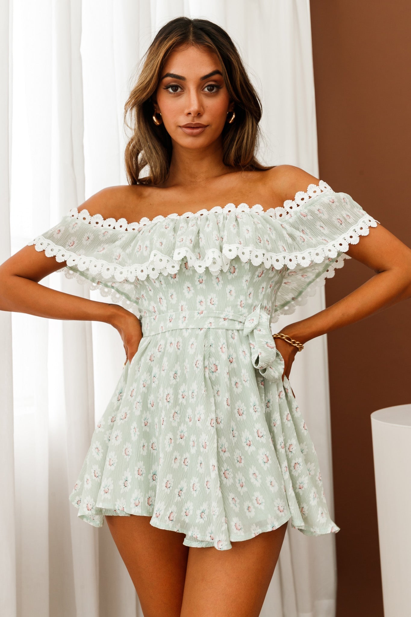 Jalisco Off-Shoulder Waist Tie Romper Floral Print Sage/White