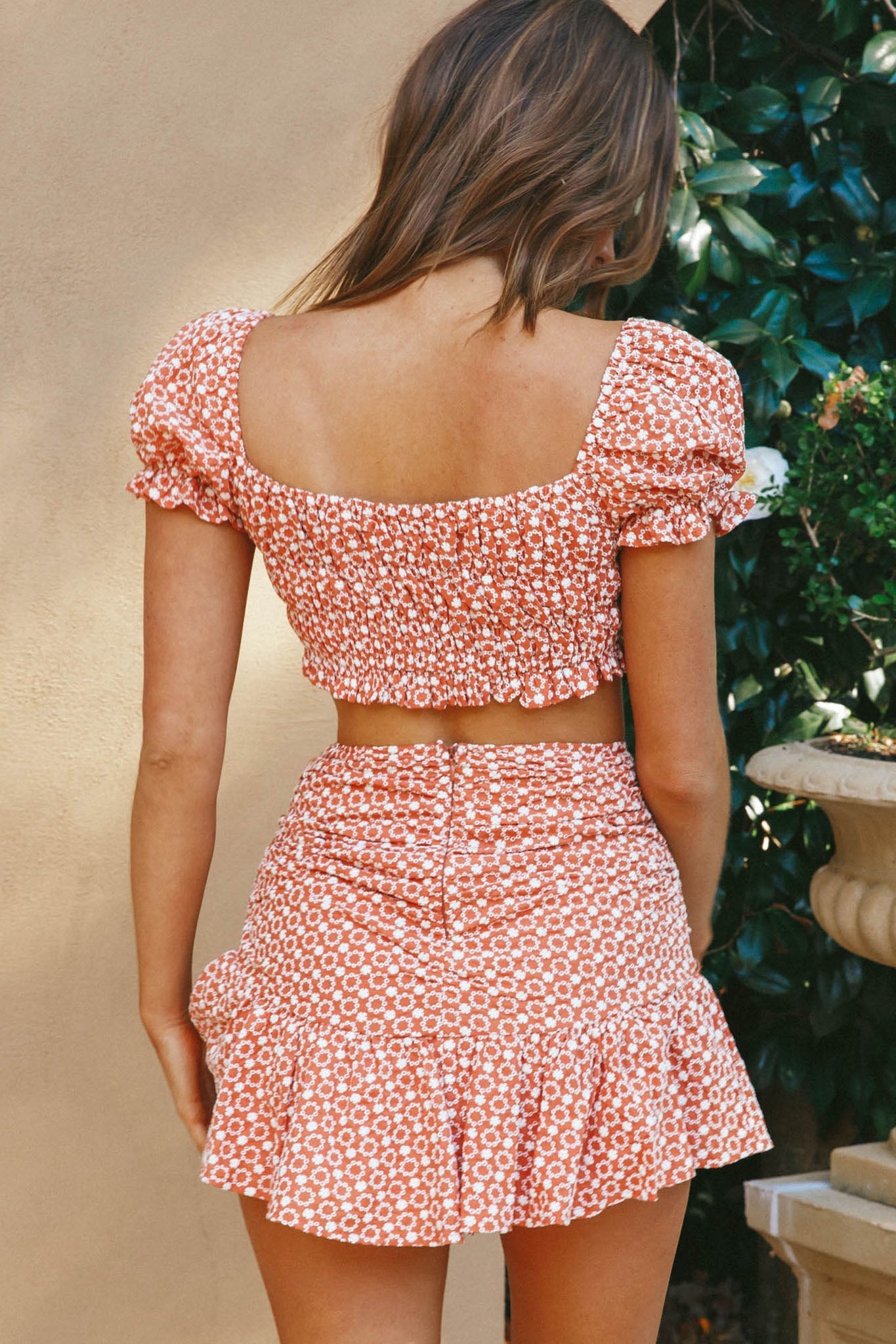 Paradis Off-Shoulder Shirred Eyelet Embroidery Crop Top Terracotta