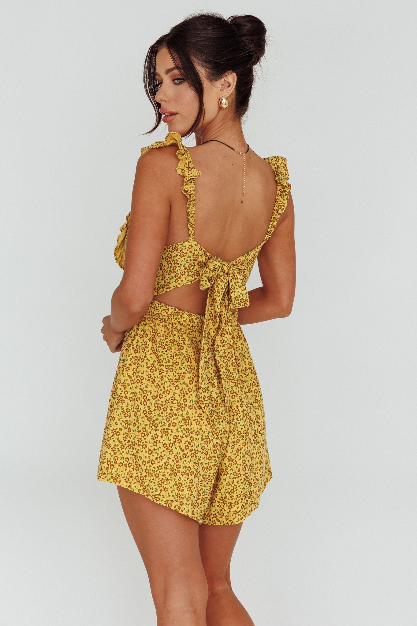 Lazy Sunday Frill Strap Tie-Up Back Romper Floral Print Mustard
