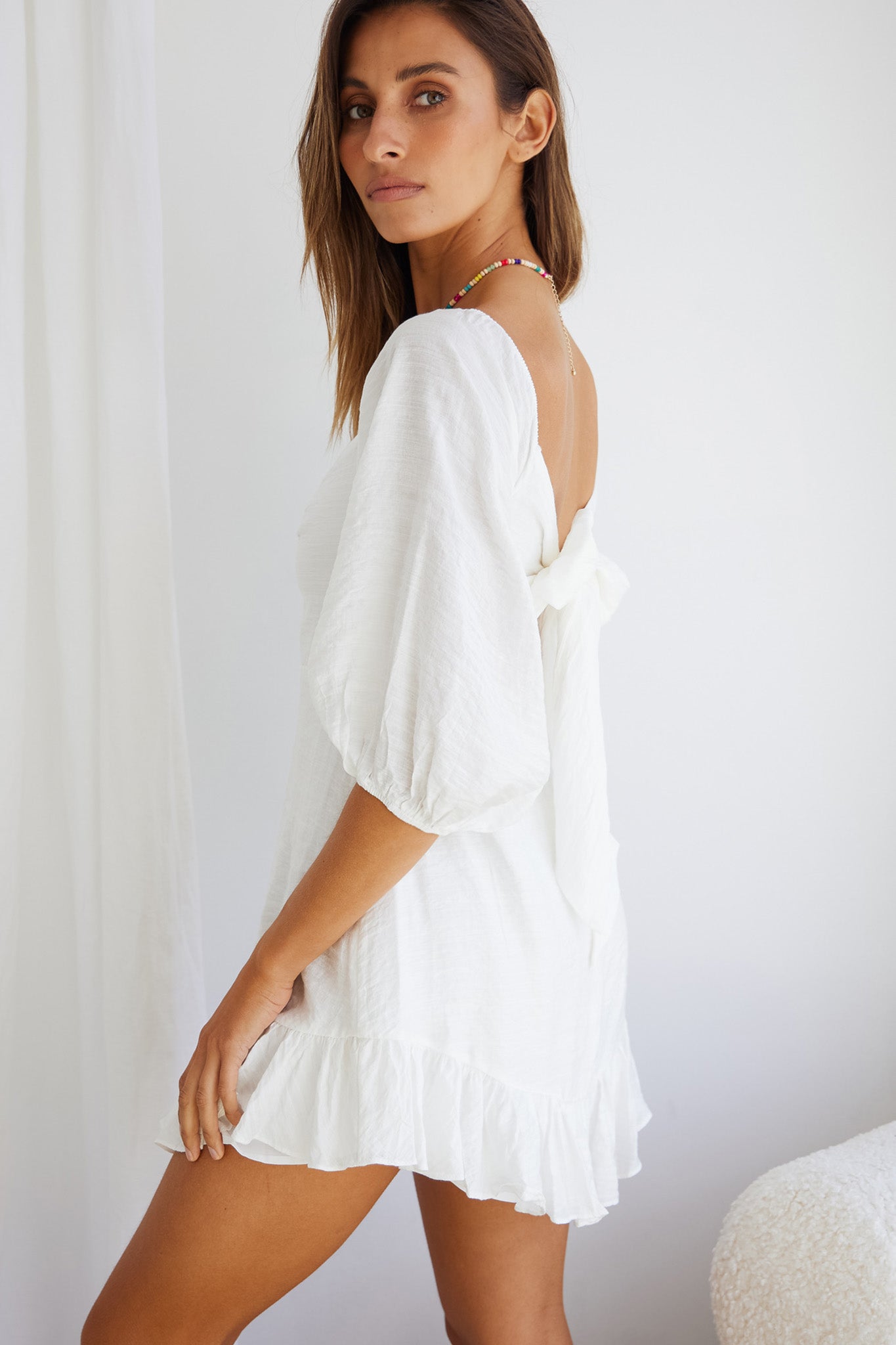 Picture This Three Quarter Sleeve Cut-Out Bust Mini Dress White