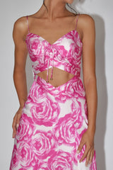 Twin Flame Drawstring Bust Midi Dress Floral Pink