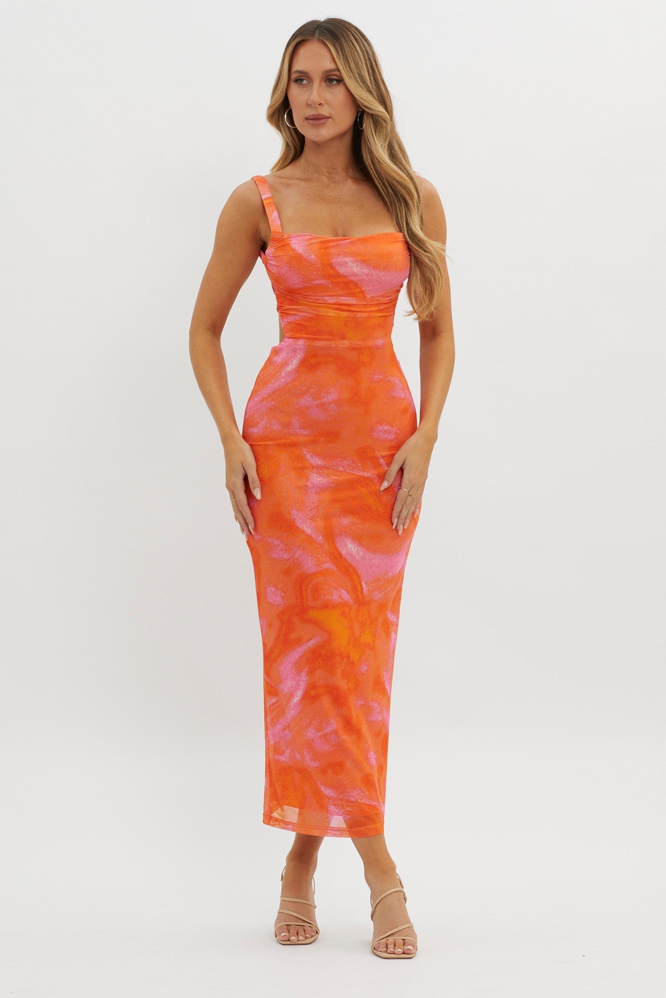 Dream Crush Lace-Up Back Side Split Maxi Dress Swirl Orange