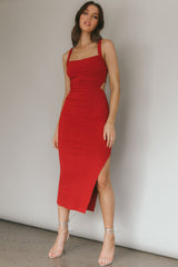 Dream Crush Lace-Up Back Side Split Midi Dress Wine