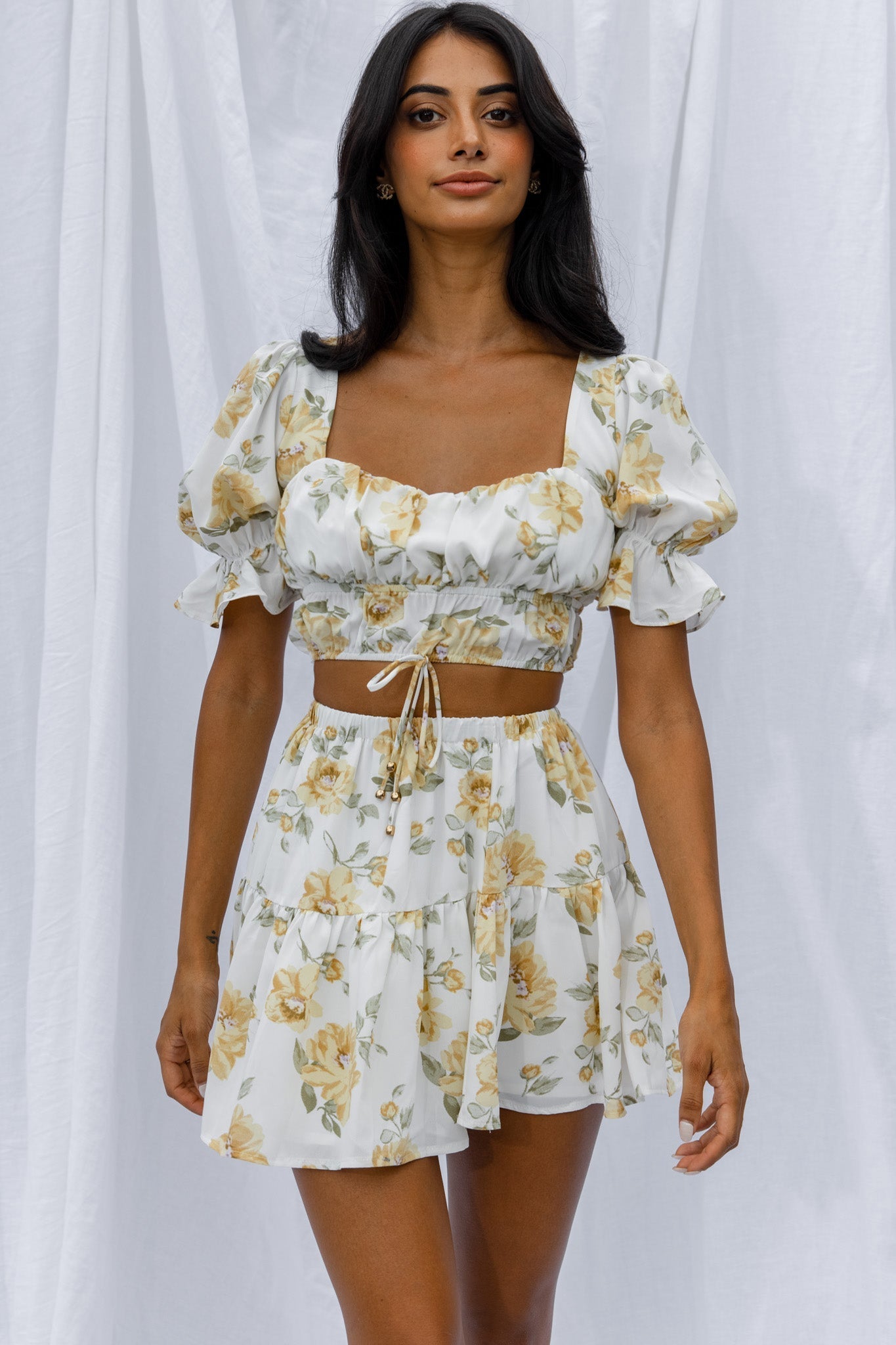 Lilibet Puff Sleeve Drawstring Crop Top Floral White