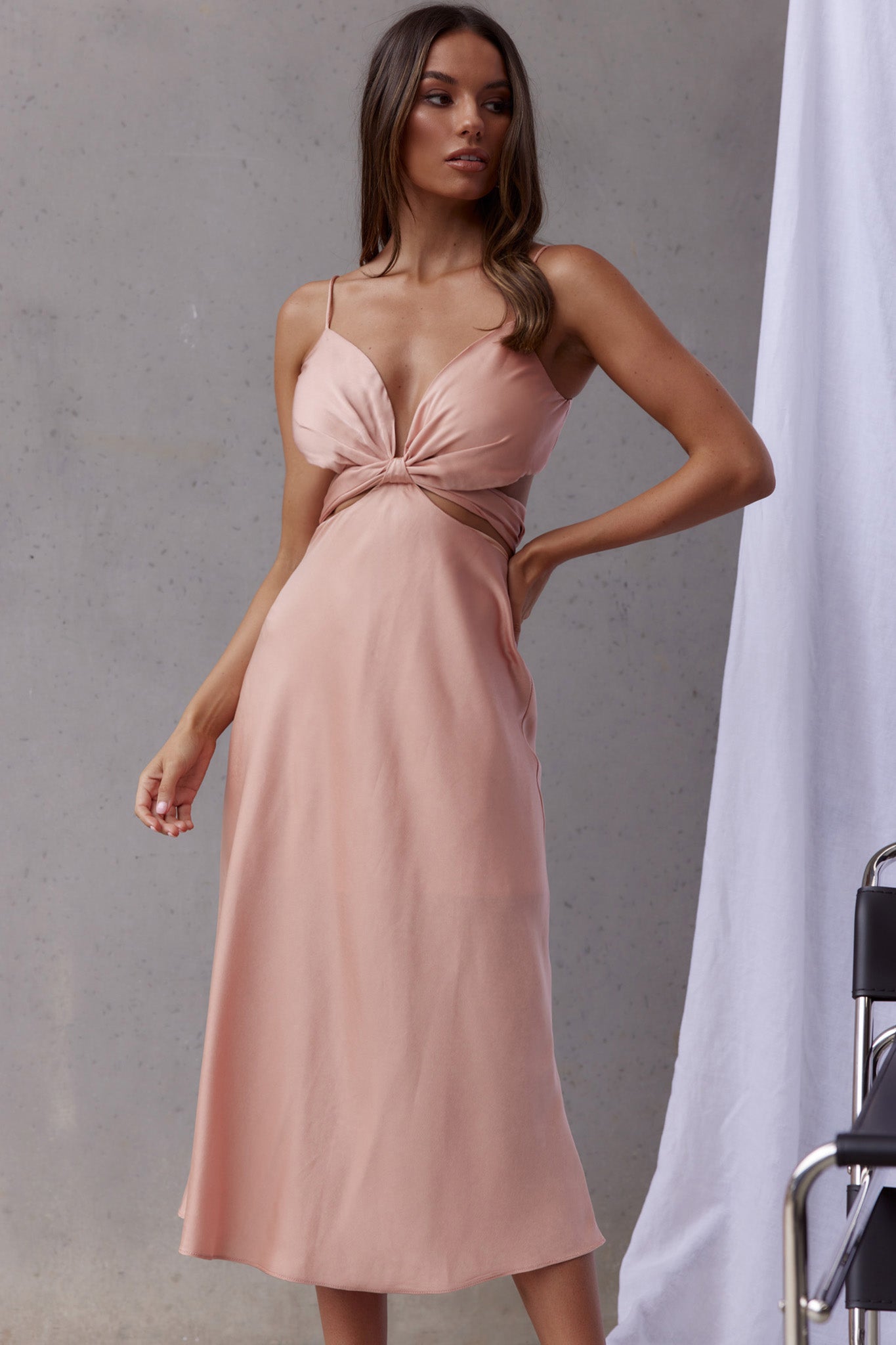 Dance With Me Crossover Bust Midi Dress Peach