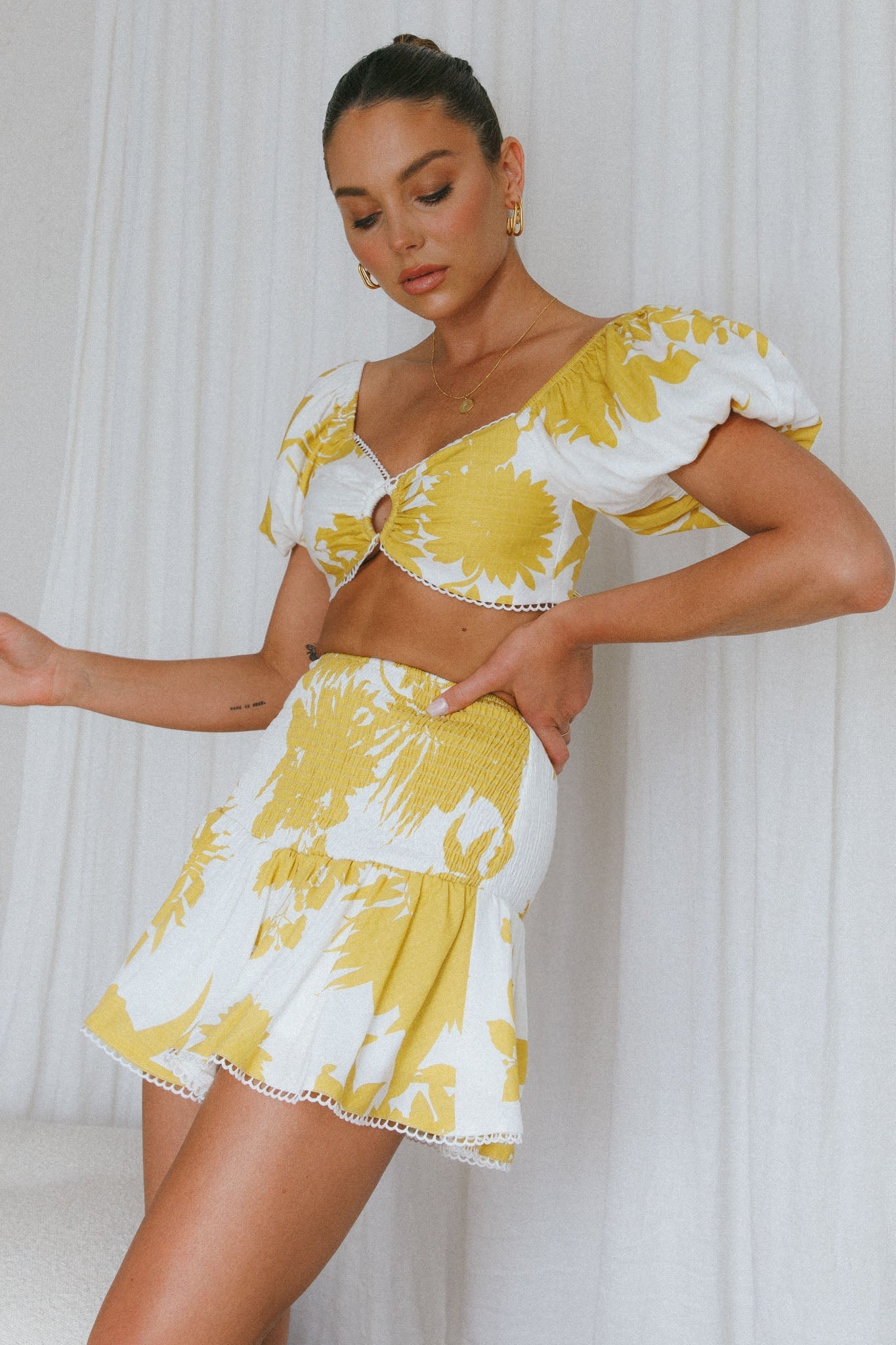 Escape With Me Shirred Mini Skirt Printed Mustard