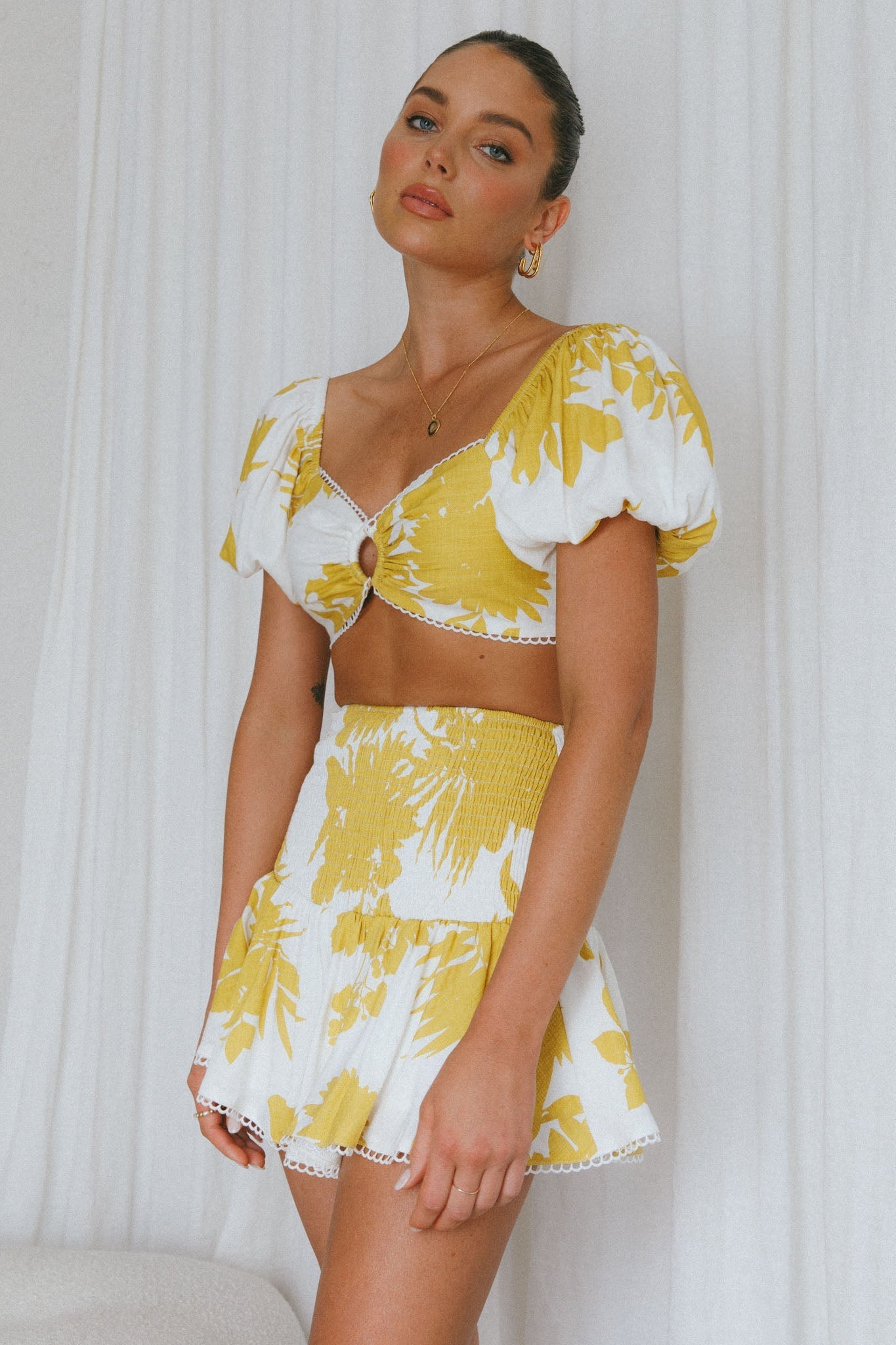 Escape With Me Shirred Mini Skirt Printed Mustard
